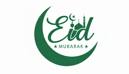 Eid Mubarak greeting card with crescent moon and lantern isolated on white background