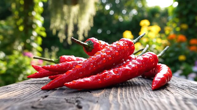 Vibrant Red Chili Peppers Resting on a Rustic Wooden Surface Outdoors.