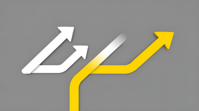 white arrows group moving back and yellow forward, leadership or new way concept, past progress or regress choice