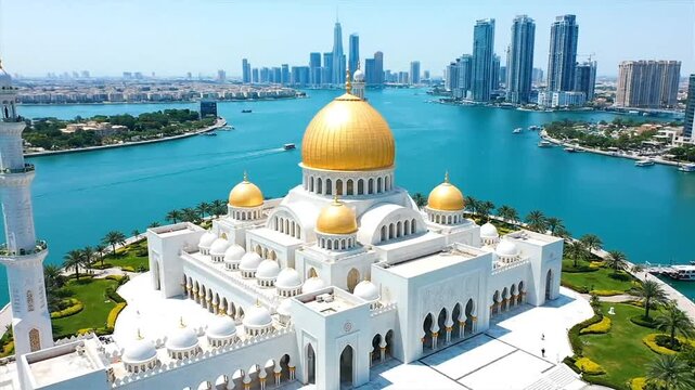Grand architecture of mosque with golden domes near modern city waterfront