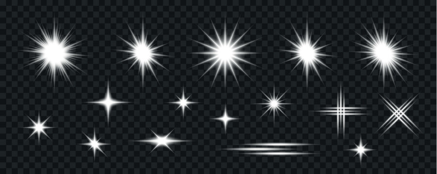 Collection of bright white starbursts and lens flares on a transparent background varying in shape