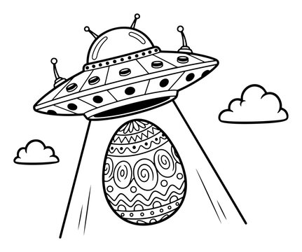 Funny coloring page line art of an alien UFO flying saucer beaming up a decorated Easter egg