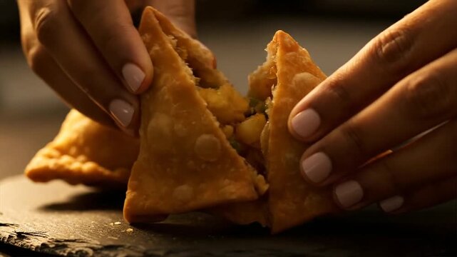 Hands Holding and Breaking Samosas.