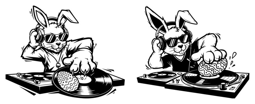 Funny illustration of a cool DJ bunny playing music with easter egg on a vinyl record