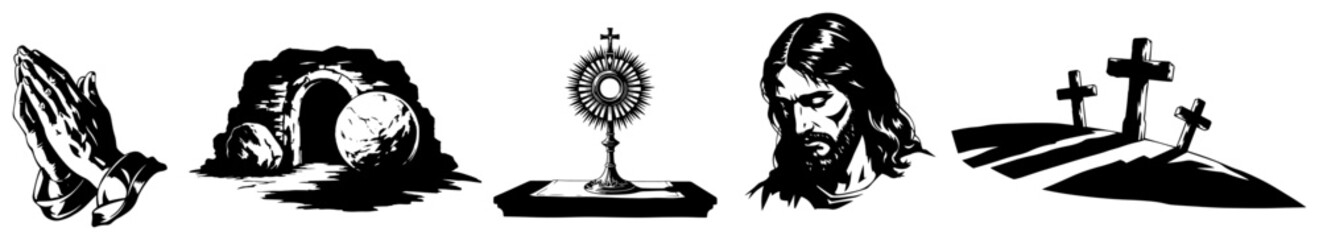 Obraz premium Set of religious Easter icons featuring praying hands and empty tomb and Jesus