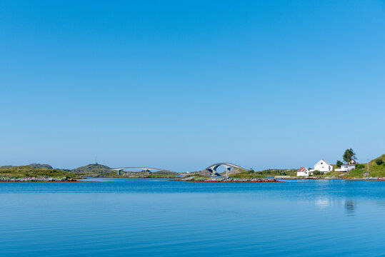 Coastal landscape overlooking the Fredvang Bridges near Fredvang. Lofoten in Norway.