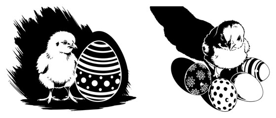Set of cute baby chicks with decorated easter eggs in high contrast silhouette style © Kumamoto