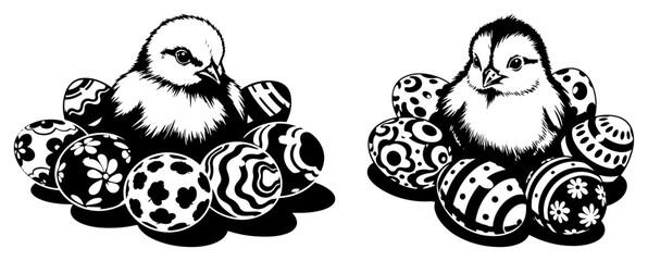 Cute baby chicks sitting among decorated Easter eggs line art vector © Kumamoto