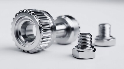 Close-up of shiny metal gears and bolts on a clean white background