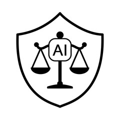 AI Governance Shield and Balance Scale Icon &ndash; Artificial Intelligence Regulation, Ethics, Security and Compliance Concept