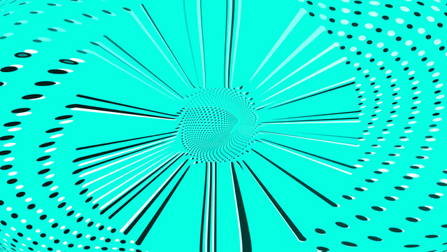 Olo color background. Optical illusion. Innovation technology. Futuristic teal blue green pattern. Black and white dots. Circle with lines. BioTech, medical innovation, high-tech energy