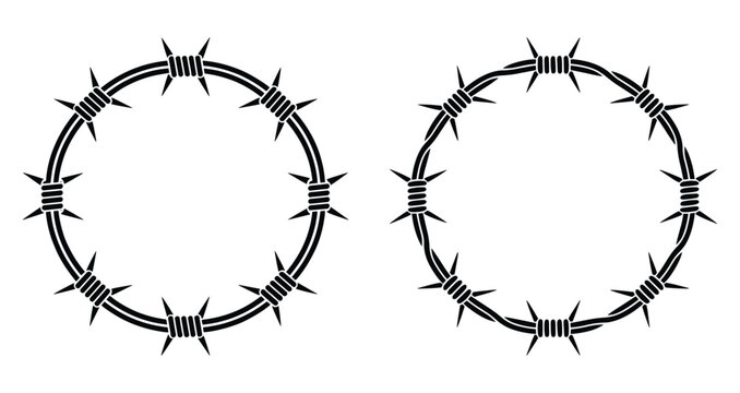 Circular Barbed Wire Frame, Barbed Wire Circle Frame Vector, Black Round Thorn Border for Military Brand Badge, Geometric Organic Styles, Black Round Thorn Border