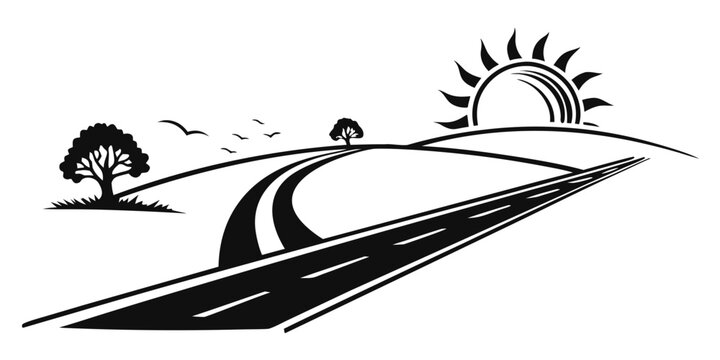 A serene landscape with winding roads and a rising sun Vector