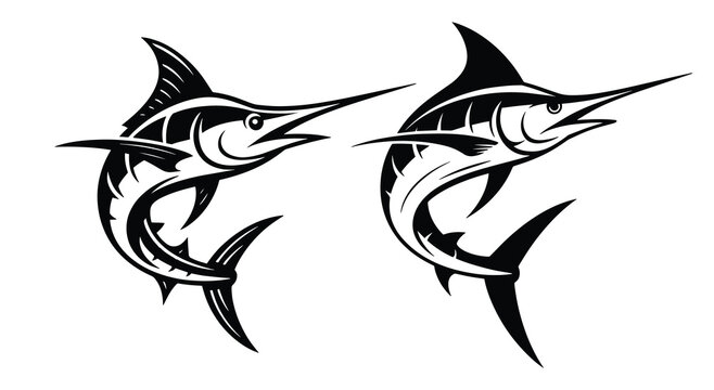 Jumping Marlin and Sailfish Silhouette, Dynamic Black and White Marlin Sailfish Jumping Silhouette, Billfish Mascot for Sportfishing, Powerful Billfish Marlin Sailfish Jumping