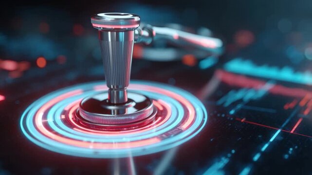 Digital Decision Maker: A close-up view of a futuristic chrome lever on a dark, glowing digital interface, symbolizing technology, innovation, and choice.