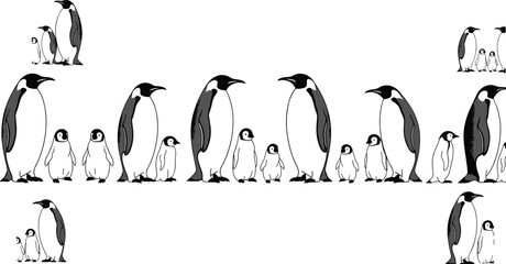 Penguin family silhouette collection with emperor penguins and chicks isolated on white background for wildlife, arctic nature, and animal parenting design elements. © SHAUN