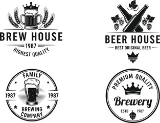 Obraz premium Collection of vintage brewery and brewhouse logo badges featuring beer mugs, crossed bottles, crowns, and hops in vector silhouette style.