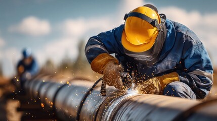 Obraz premium Skilled welder in protective gear meticulously joins large industrial pipeline sections outdoors