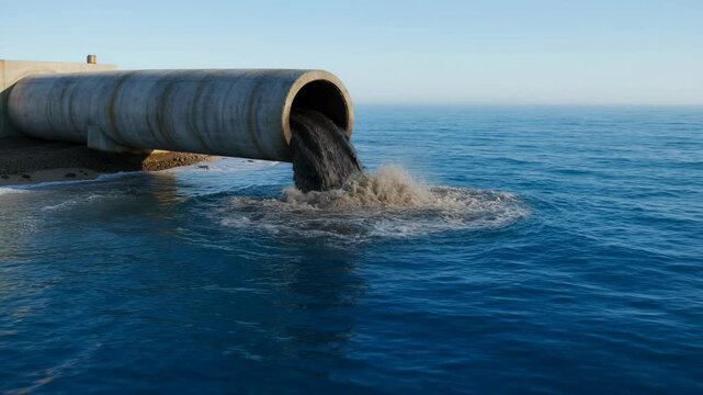 Concrete Pipe Discharging Dark Polluted Water into a Calm Blue Ocean at Sunset