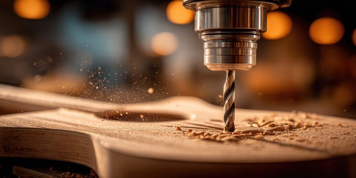 Precision CNC router bit drilling into unfinished wooden guitar body with sawdust flying