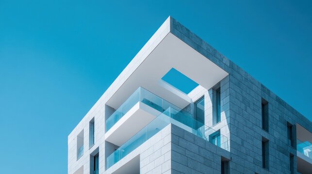 Modern architectural building with balconies against a clear blue sky