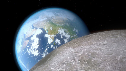 Planet Earth and Moon in outer space illuminated by sunlight, realistic astronomy view of our planet from orbit. © Alexuans