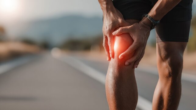 Runner experiencing intense knee pain and discomfort during outdoor exercise