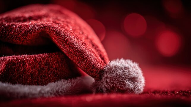Close-up of a red Santa hat with fluffy white trim and pom-pom, festive bokeh background