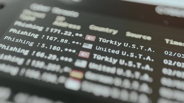 Cyber threat detection monitoring dashboard displays Threat Type, IP Addresses, Country and a timestamp