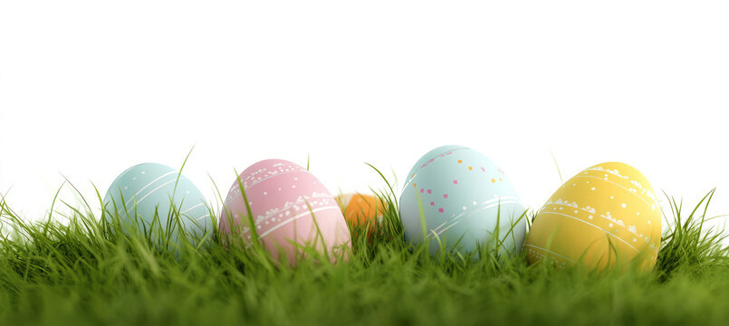 colorful easter eggs in green grass on a transparent background,