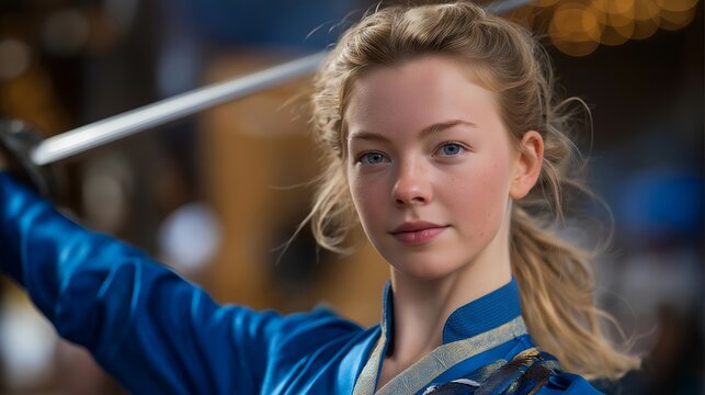 Scottish Highland dancer performing precise sword dance steps at a traditional games competition, perfect for Scottish traditional performance, Highland dance culture, sword dance heritage,