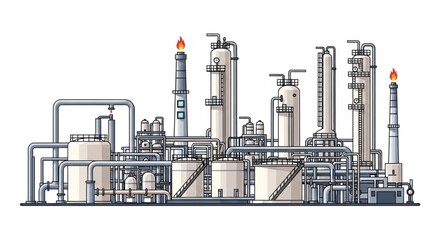 Modern industrial chemical plant with complex piping systems.