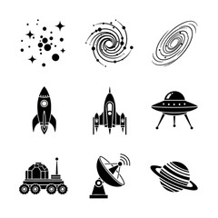 Space exploration vector icon set with rockets, UFO, galaxy spirals, planet Saturn, lunar rover, and satellite dish in black silhouette style © Ai_Images