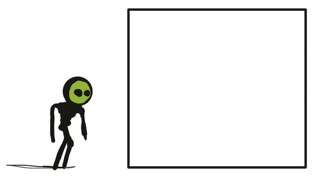 A cartoon character with a green zombie face stands next to a frame and blinks his eyes.