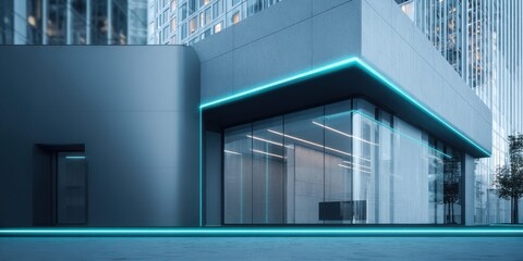 Obraz premium Modern architectural building with sleek lines and glowing neon blue accents at night