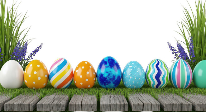 A row of colorful Easter eggs on a wooden plank with grass and flowers on transparent background