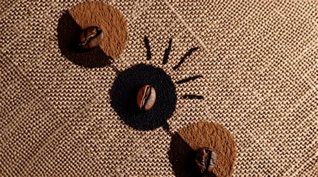 An artistic composition showcases three coffee beans nestled on textural, patterned fabric with contrasting dark shapes creating an eye-like design