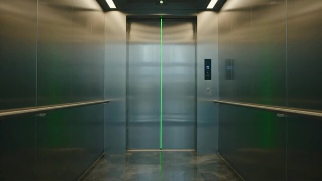 Modern elevator interior with metal walls and green light