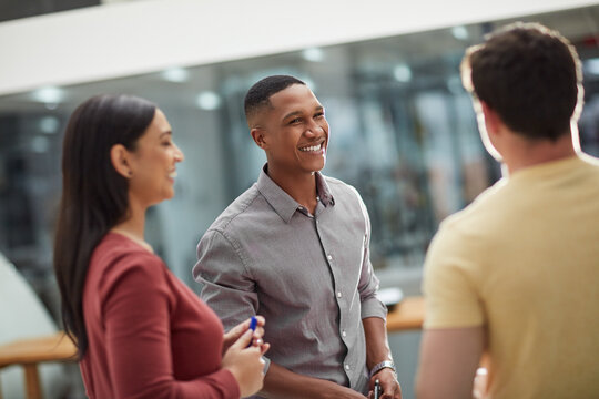 Meeting, team and smile with business people in office for feedback, discussion or event organizer. Creative pitch, expo project and reservation proposal with employees for venue debrief and planning