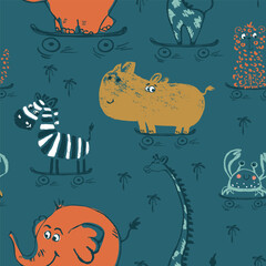 Fototapeta premium Cheetah, elephant, giraffe, zebra, crab, rhinoceros skateboard funny cool summer t-shirt seamless pattern. Skate
