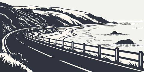 A winding road leads to a serene coastal view with a wooden fence. Vector © MST CHIN BANU BEGUM