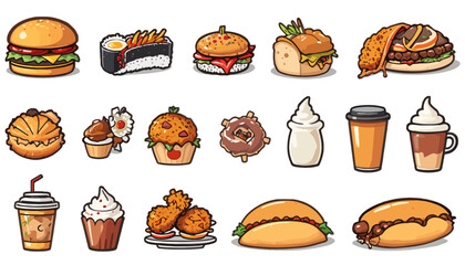 Minimal food icon collection, burger, pizza slice, coffee cup, ice cream, sushi, soda, clean line vector style, consistent stroke