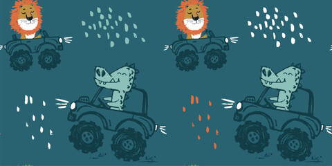 Lion, crocodile on monster truck car funny cool summer t-shirt seamless pattern. Road trip big foot © Vasileva