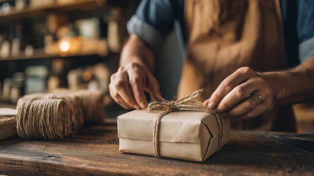 Hands packing a small kraft parcel with twine in a cozy workshop warm light for ecommerce orders