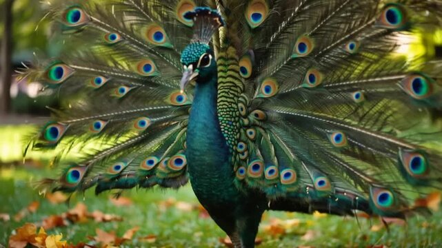 Peacock Displaying Vibrant Tail Feathers Outdoors.