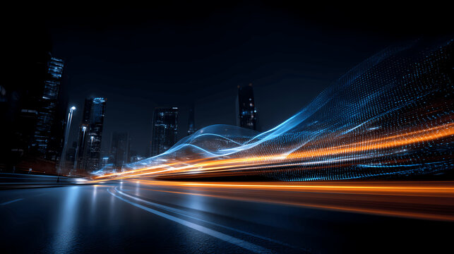 Digital Data River Flowing Through City at Night
