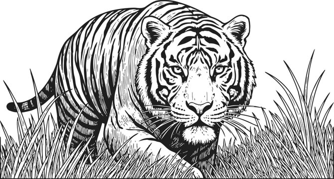 majestic tiger stalking through tall grass in detailed black and white line art