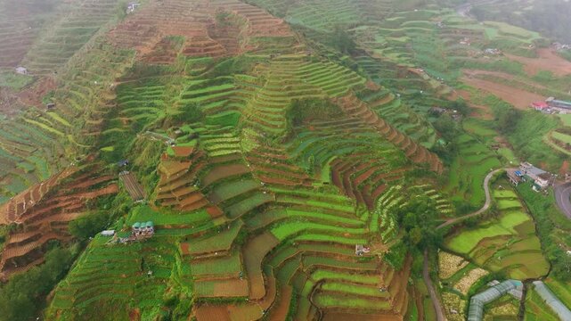 Rainy aerial footage showing mountain terraces and winding Halsema Highway