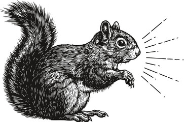 Fototapeta premium Detailed black and white illustration of a squirrel with textured fur and bushy tail