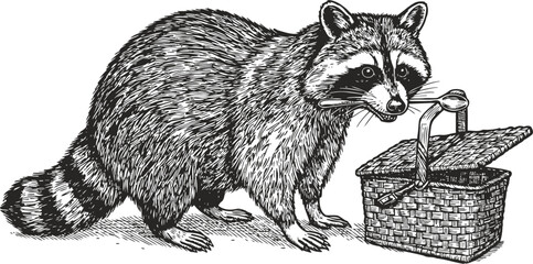 Fototapeta premium Raccoon with picnic basket illustration wild animal near woven basket with lid open